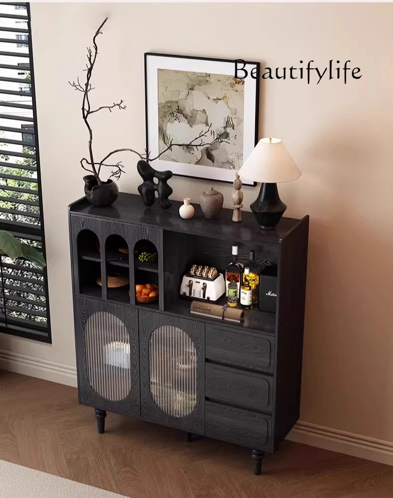 

French solid wood black high bucket side storage modern wall American living room home coffee machine storage