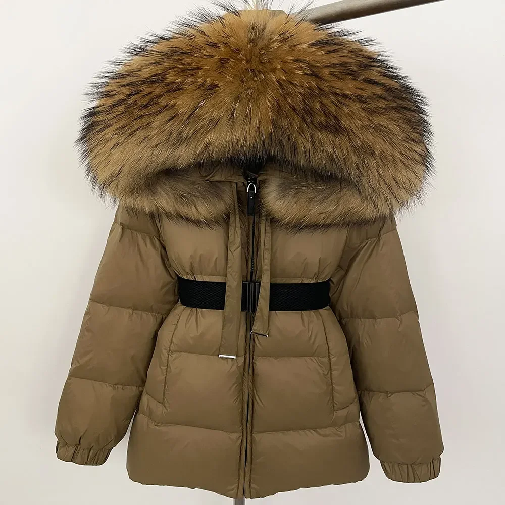 Chaqueta acolchada corta para mujer, abrigo de plumón de pato 20224, Parkas de plumas para mujer, chaqueta con capucha de piel auténtica de mapache enorme impermeable 90%