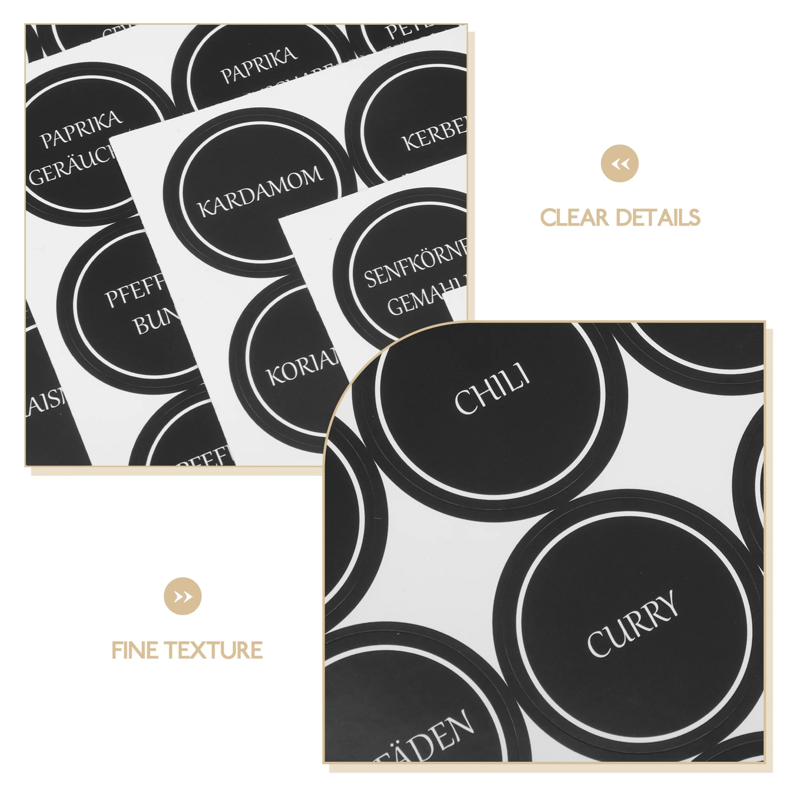 6 Sheets Waterproof Small Round Spice Stickers for Kitchen Jars Containers German Flavor Labels Clear Readable Reusable