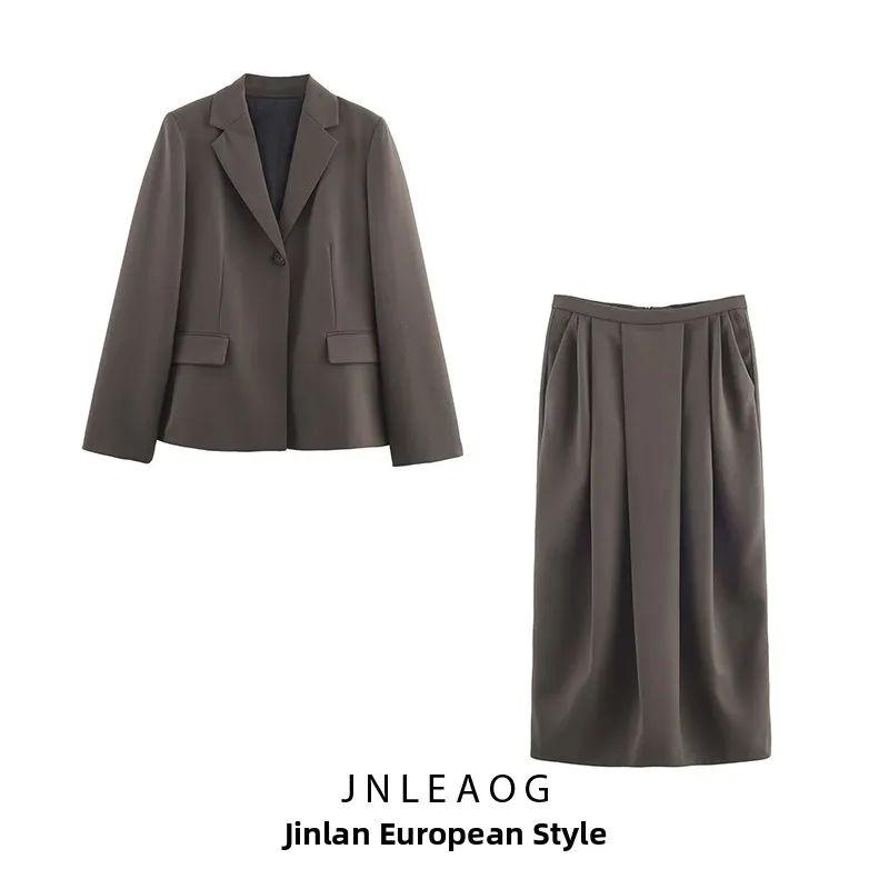 

JNLEAOG Осенний модный костюм из смесовой шерсти: пиджак и плиссированная юбка, женский комплект с длинным рукавом, стандартная длина