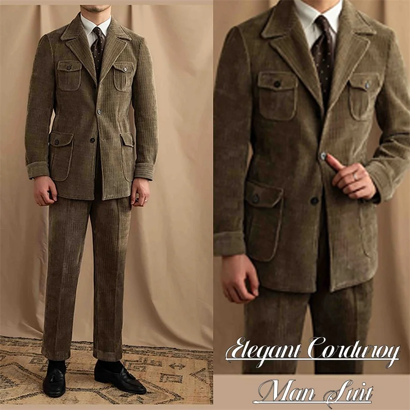 

Elegant Corduroy Man Suit Vintage Men's Suits 2-Piece Set Luxury Men Jacket Pants Male Blazer Trousers Clothes Clothing Costume