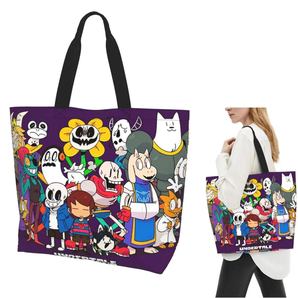 Undertale Adventure Shopping Tote Bag Canvas Large Capacity Shoulder Bags Shopper Grocery Handbag for Women