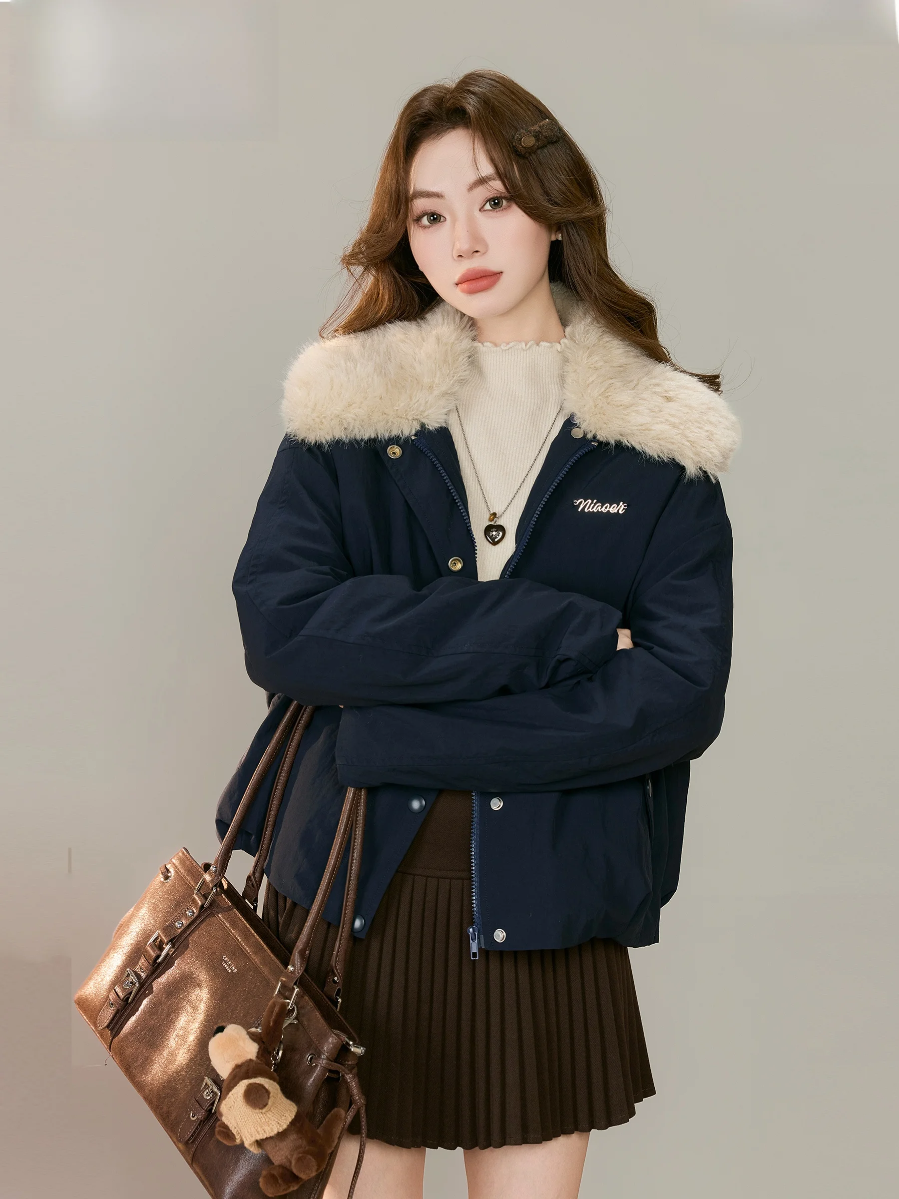 

Lingjiu Winter New Sle ort Loose Cotton Jaet Women's Small Size Fur Collar Warm ort Cotton Coat Commute Sle Zipper ...
