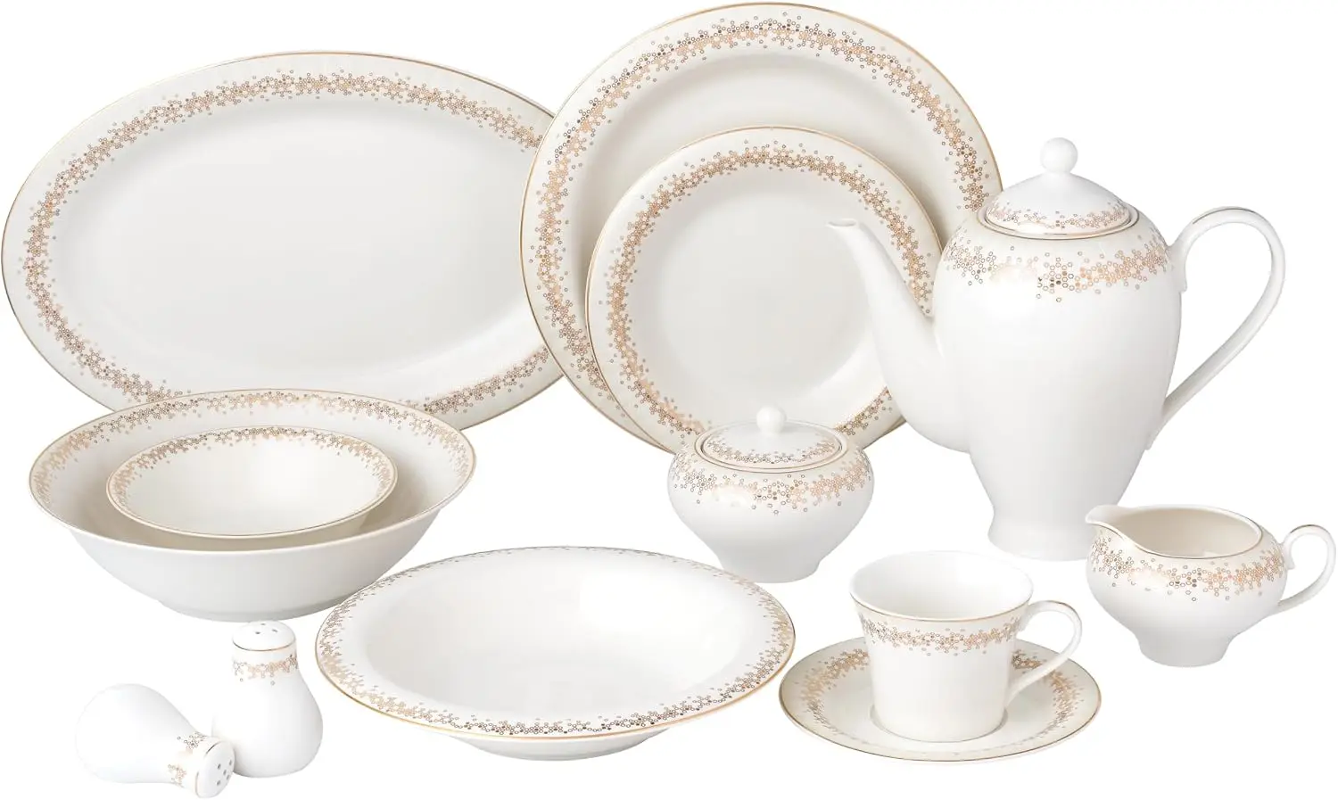 Bone China Dinnerware Set, 57-Piece Formal Dining Collection, Service for 8, White Tableware with Gold Border Design