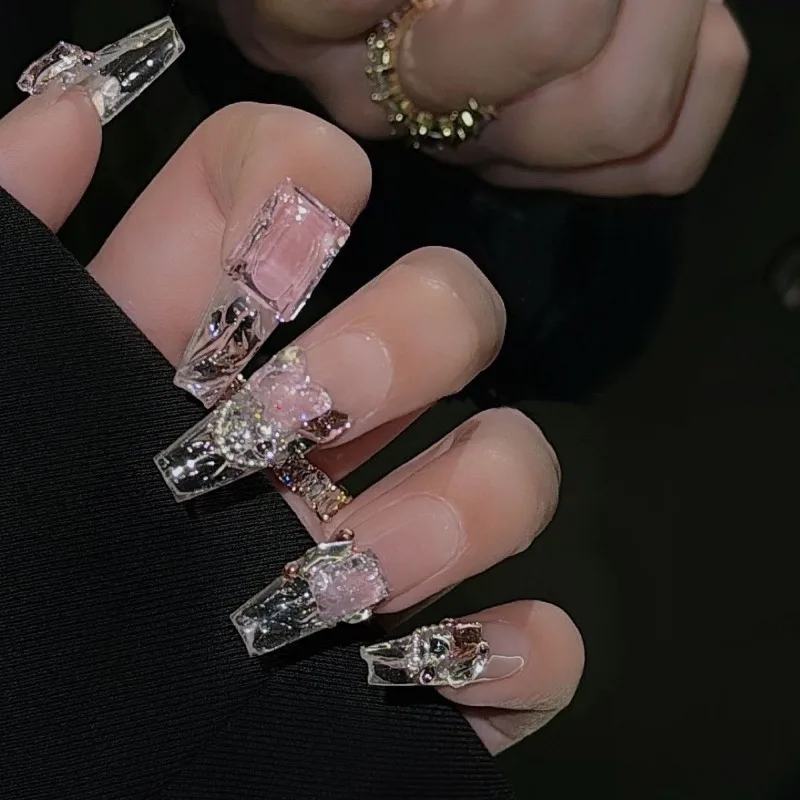 10Pcs Ręcznie robione przezroczyste paznokcie 3D Diamonds Fake Nails Ice Cube Design Y2k Fałszywe paznokcie Full Cover Nail Tips