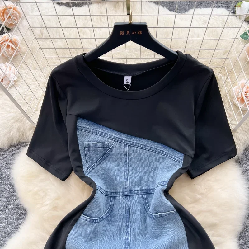 Chic Dresses For Women Denim Cotton Patchwork Vintage Dress O-neck Casual  Almighty Vestidos Femininos Korean Fashion Dropship