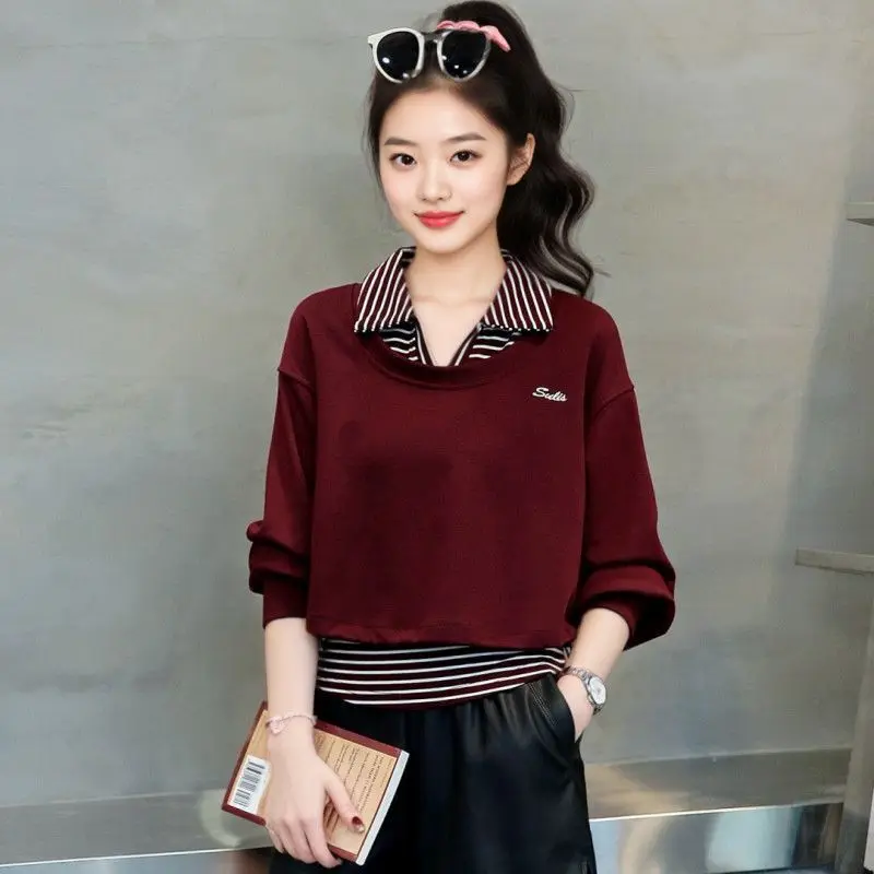 Women Layered Sweatshirt Collared Patchwork Casual Korean Style Loose Spring Autumn Tops