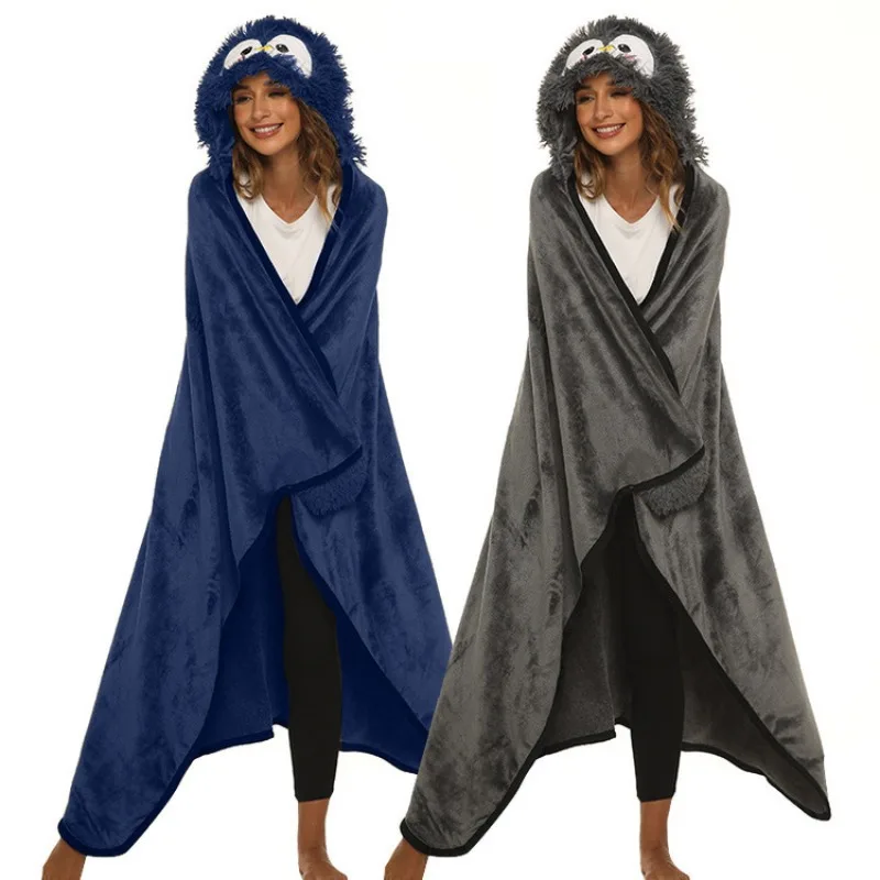 Flannel Penguin Cape for Adults Soft Sherpa Hooded Cloak Cozy Wearable Blanket