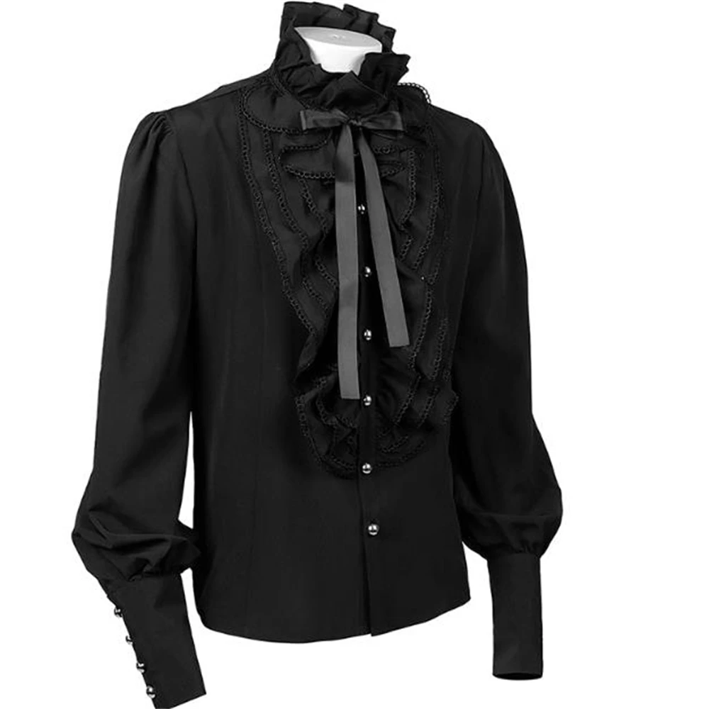 European American Men Pleated Shirt Medieval Clothing Steampunk Victorian Top Dress Inner Shirts Black Pirate Tops Chemise Homme