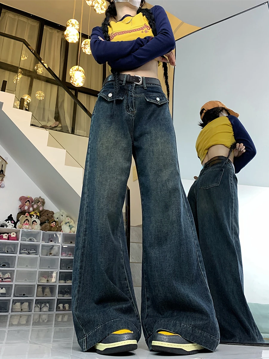 Baggy Jeans For Woman High Waisted Button Fly Zipper Closure Belted Buckle Adjustable Waistband Ladies Female Denim Trousers