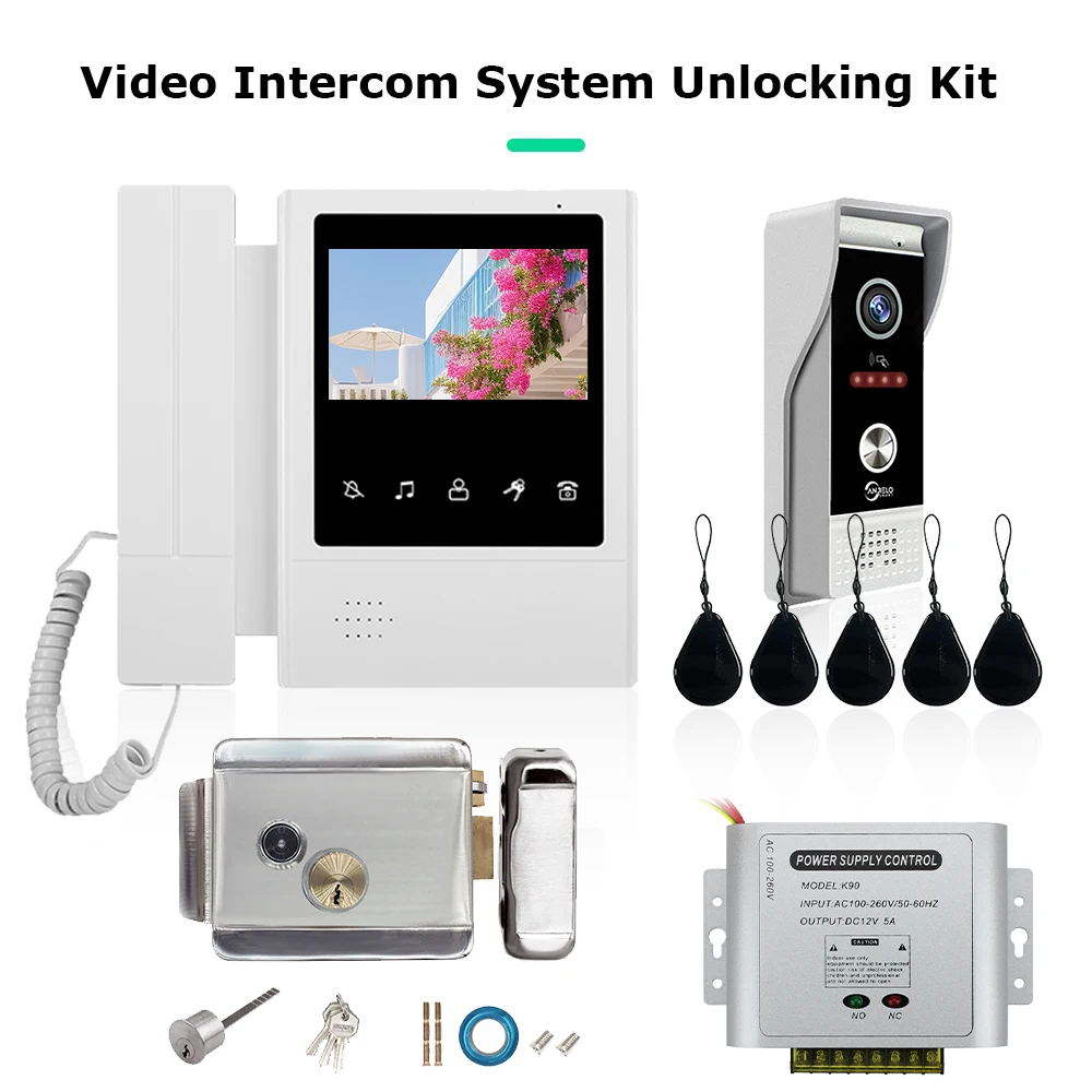 4.3 Inch LCD Video Intercom System for Home Support 2 Way Intercom RFID Card Unlock Metal Doorbell with Lock Set