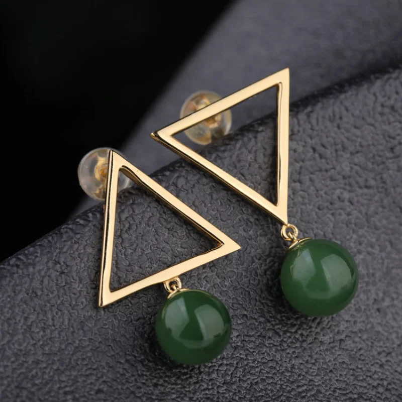 

Minimalist Geometric 925 Silver Gold-Plated Earrings with Certificate 8mm Jasper Beads Asymmetric Triangle Earrings