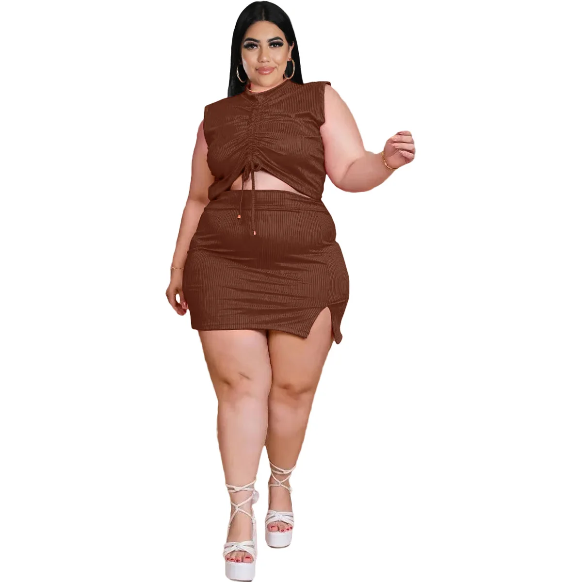 L-5XL Plus Size Matching Sets Summer 2023 African Women Clothing Solid Sleeveless Pleated Rab Bodycon Sexy Skirt Two Piece Suits