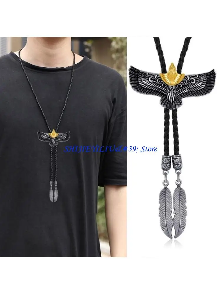 E21F Bolo Tie Leather Rope Metal Flying Western Necklace with Feathered Pendant