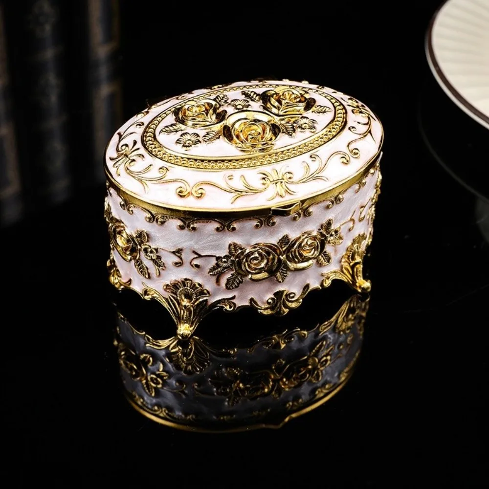 

Necklace Case European Style Metal Jewelry Box Oval Vintage Antique Storage Case Zinc Alloy Rose Enamel Box Dressing Table