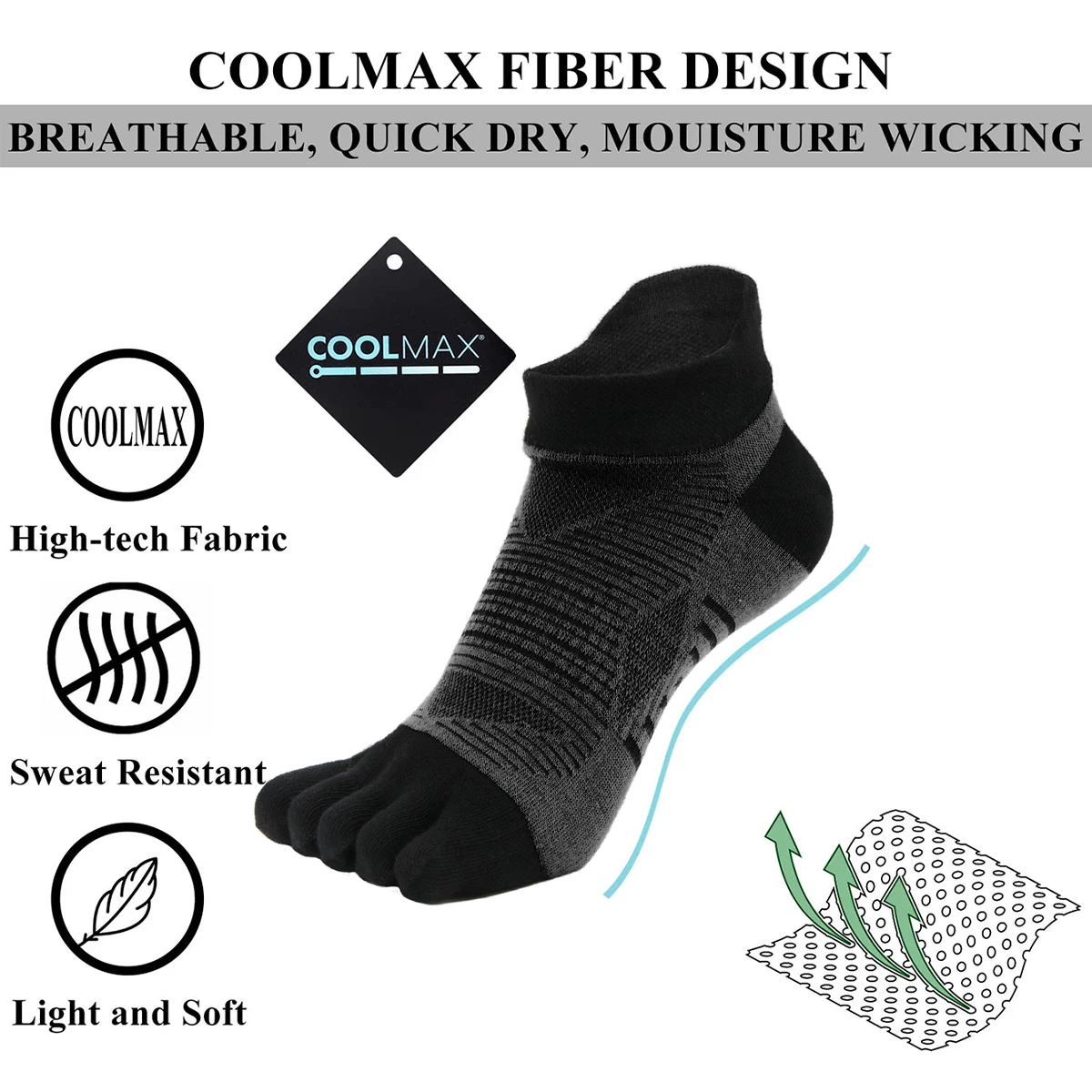 COOLMAX Calzini a cinque dita, Calzini sportivi invisibili ad alte prestazioni, adatti per correre, giocare a ballare, sport all\'aria aperta