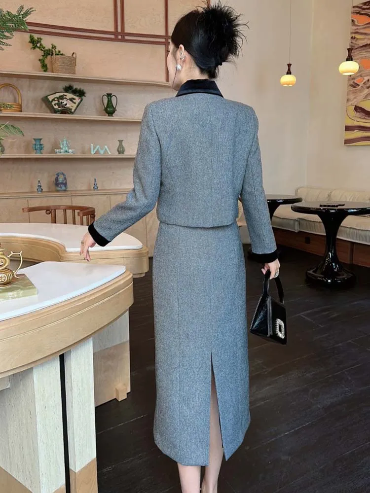 ZJYT Autumn Winter Woolen Jacket Suit with Skirt 2 Piece Matching Set for Women Elegant Long Sleeve Grey Outfit Midi Dress Sets