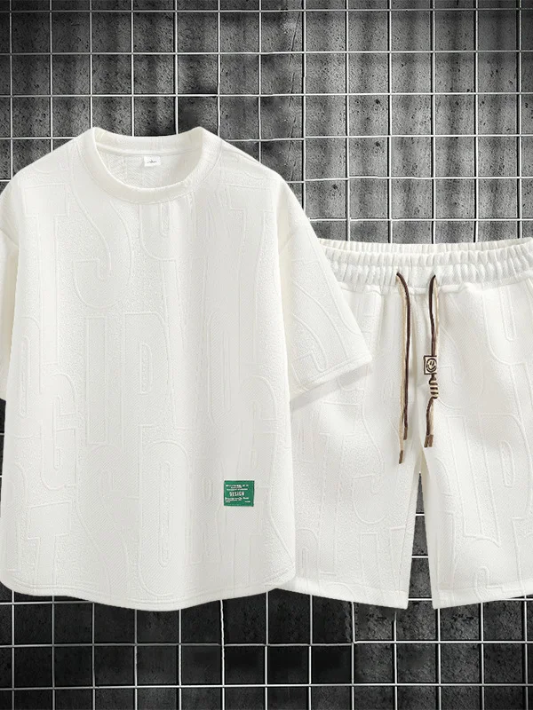 

Casual Spor Men's ort Sve Loose Fit Five-Quarter Length T-irt Set Summer Youth Faion Polyester And Spandex Blend