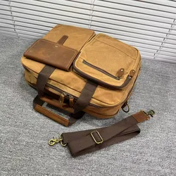 Waxed Canvas Man Briefcase Crazy Horse Leather Working Handbag Messenger Bag Vintage Style Men's Laptop Bag With Personalization