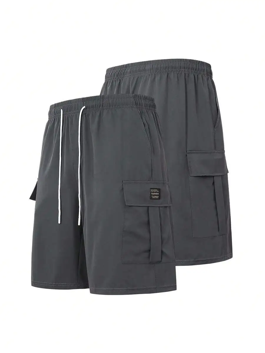 Mens Cargo Casual Shorts With Large Side Pockets And Contrast Drawstrings Elastic Waist