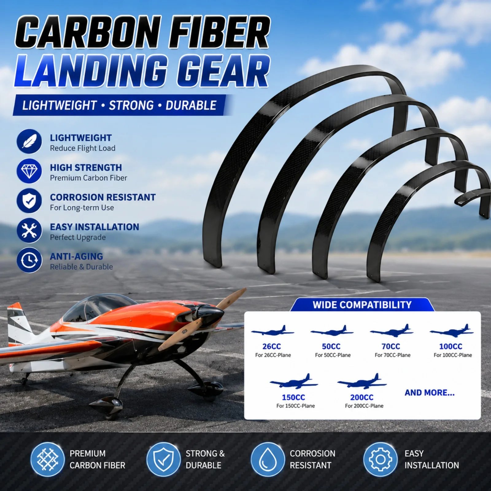 Carbon Fiber Landing Gear for Gas RC Airplane 26CC-200CC Fixed Wing Aircraft Lightweight High Strength Undercarriage