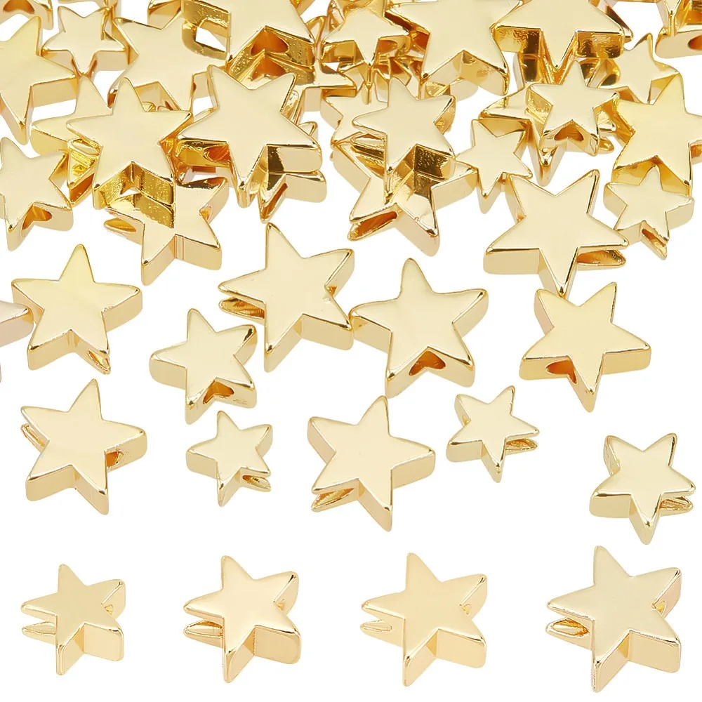 64 piezas de cuentas con forma de estrella de oro de 14 quilates, 4 tamaños, cuentas espaciadoras de latón, cuentas sueltas de larga duración para collares, pulseras, pendientes y bisutería, ideal para proyectos de bricolaje.