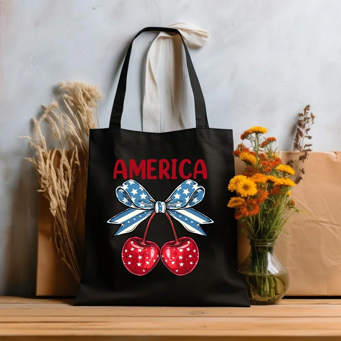 حقيبة حمل مطبوعة بالكرز، حقيبة تسوق للسيدات صديقة للبيئة، حقائب كتف عصرية على طراز هاراجوكو لحقيبة تسوق كاجوال #5