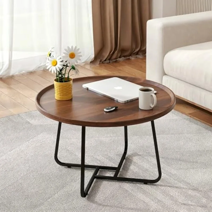 

Small Round Coffee Table, Wooden Surface Top and Sturdy Metal Legs Coffee Table with Fluted, End Table for Living Room Bedroom