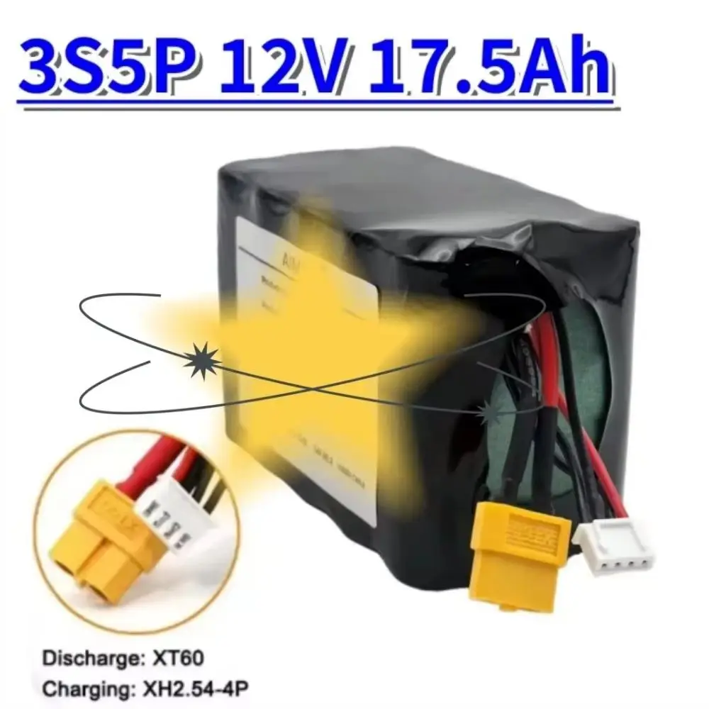 12V 17.5Ah High Capacity Li-ion Battery for RC Airplane Drone Quadrotor 3S5P Configuration Rechargeable UAV Battery with XH2.54+