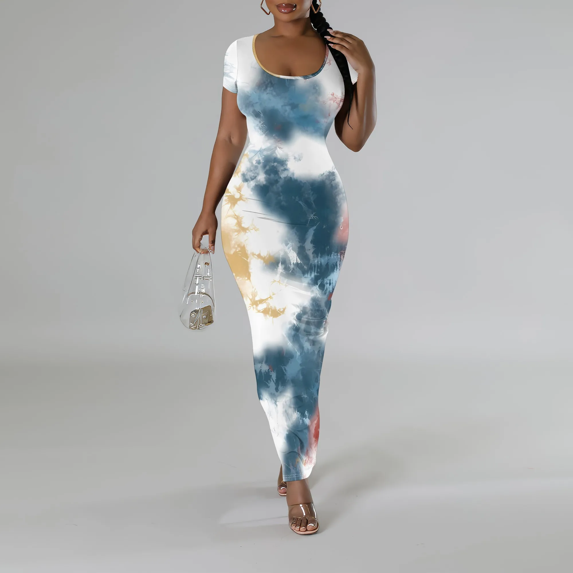 

EQQZD Short-Sleeved Round Neck Bodycon Dress, Stylish Colorful Tie-Dye Print Maxi Dress