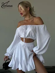 Oymimi Fashion White 2 Piece Sets Women Outfit Elegant Strapless Long Sleeve Lace-Up Crop Tops And High Waist Pleated Skirts Set