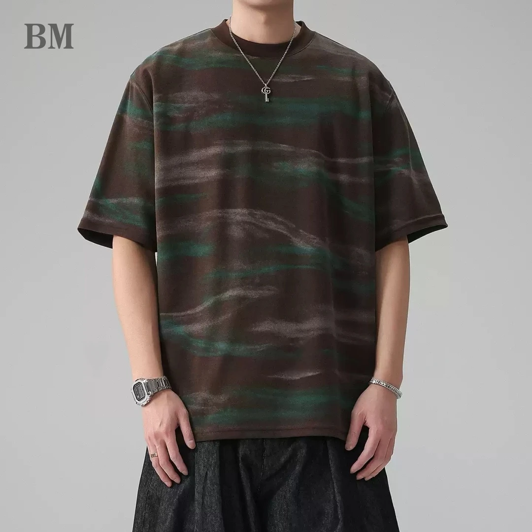 Mens Premium Tie Dye T Shirt American Streetwear Hip Hop Oversized Graphic Print Round Neck Summer Short Sleeve Casual Top Male