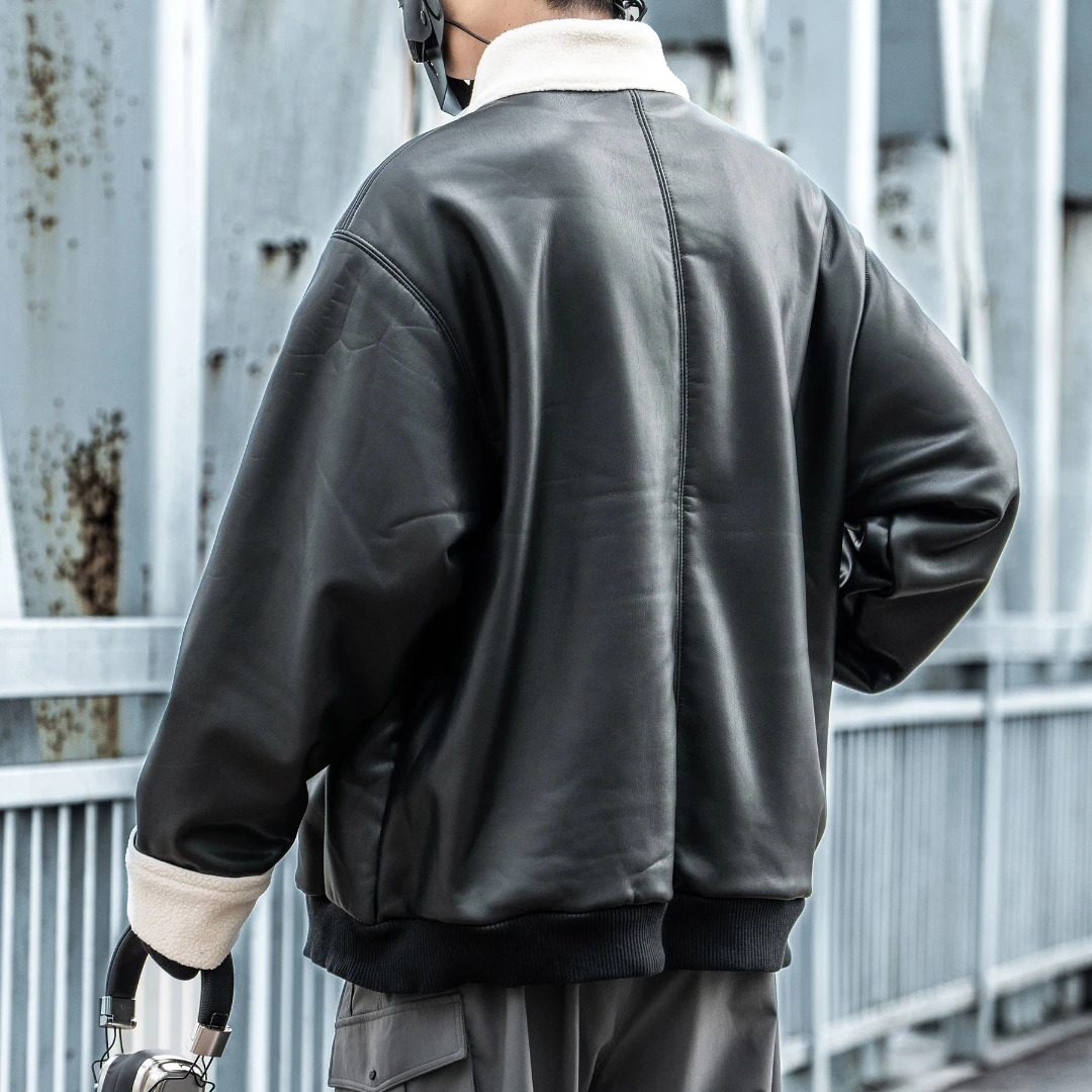 سترة شتوية للدراجات النارية من البولي يوريثان مبطنة بشيربا أمريكية عتيقة للجنسين، ملابس شتوية شديدة التحمل، معطف صوف بني عالي الجودة #2