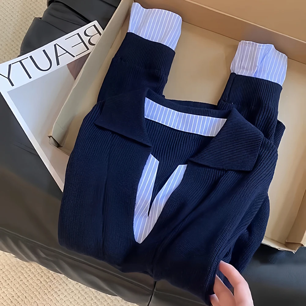 

Women Fake Two Piece Knit Top Autumn Striped Color Block Patchwork V-Neck Long Sleeve Pullover Sweaters Slim Fit Blouse Sweater