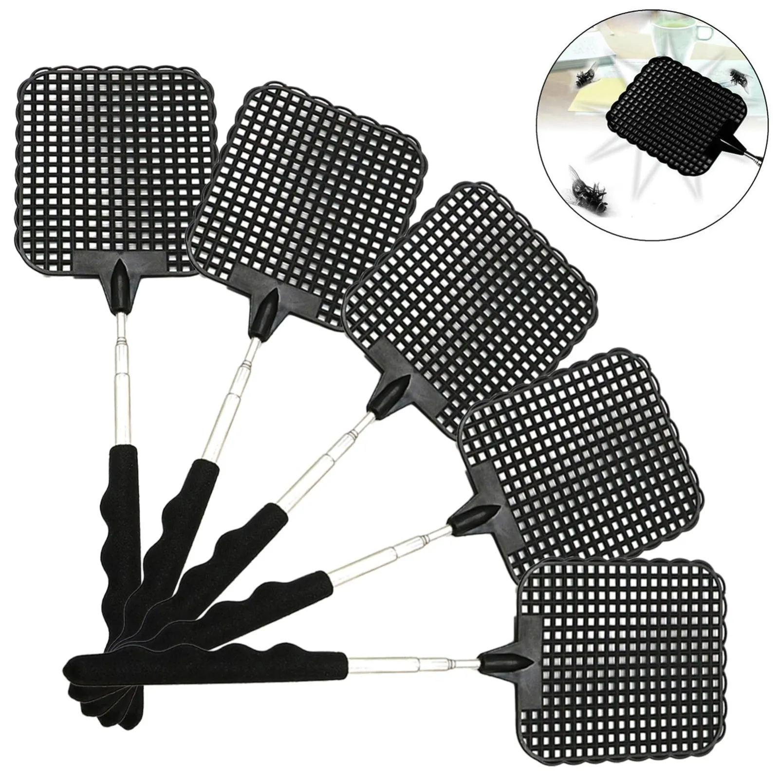 Telescopic Fly Swatter 5 PCS Durable Plastic Fly Swatters with Stainless Steel Handle for Indoor Outdoor, Extendable Flyswatter