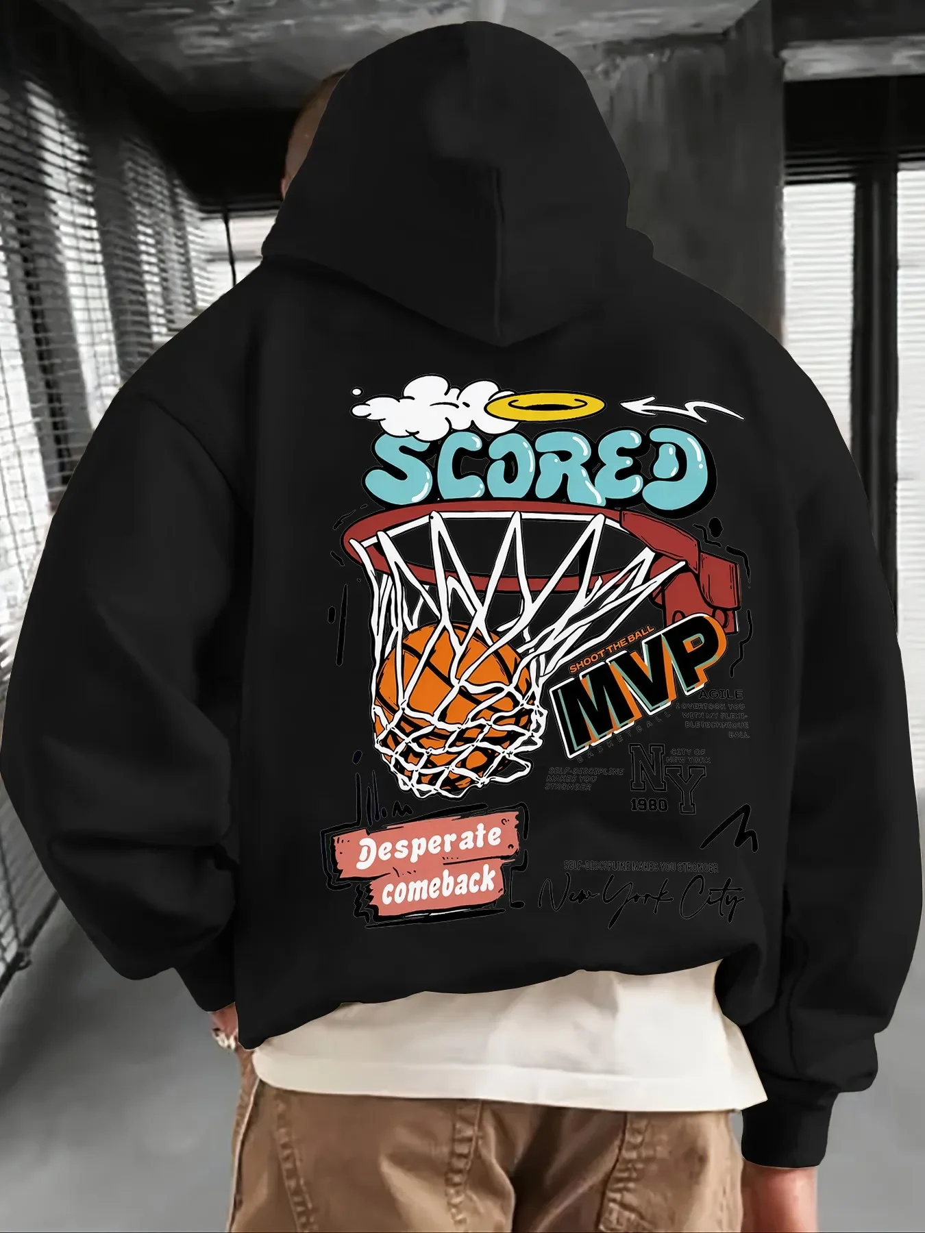Men Cool Basketball Graffiti Aesthetic Vibe Oversized Pullover Hoodie Fleece Lined Autumn Winter Loose Fit Daily Casual Hoodie