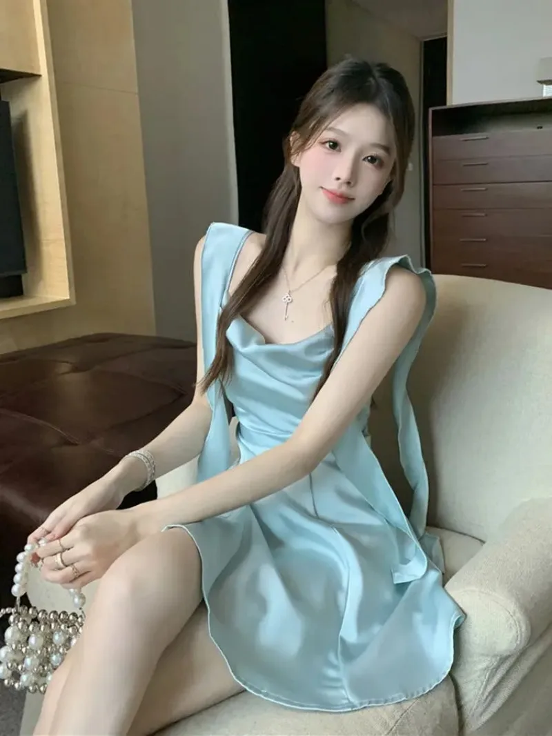Korean Fashion Satin Dress Women 2025 New Spring Summer Ribbon Waist Cinching Slimming Camisole Sweet Dress for Woman