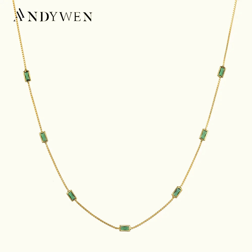 

ANDYWEN 925 Sterling Silver Gold Green Zircon CZ Charm Choker Long Chain Necklace 2022 Wedding Square Jewels Rock Punk Jewels