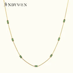 ANDYWEN 925 Sterling Silver Gold Green Zircon CZ Charm Choker Long Chain Necklace 2022 Wedding Square Jewels Rock Punk Jewels