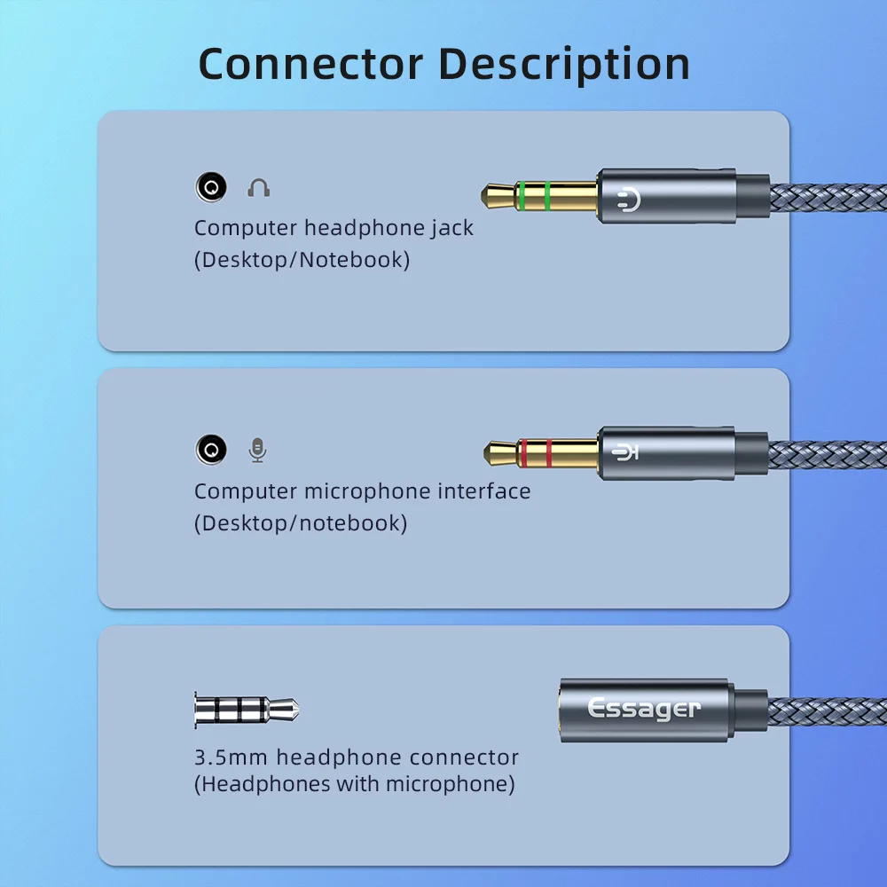 ESSAGER Aux Cable Headphone Audio Splitter 3.5mm Female to 2 3.5mm Jack Male Aux Cable For Computer Speaker Mic Y Splitter to PC