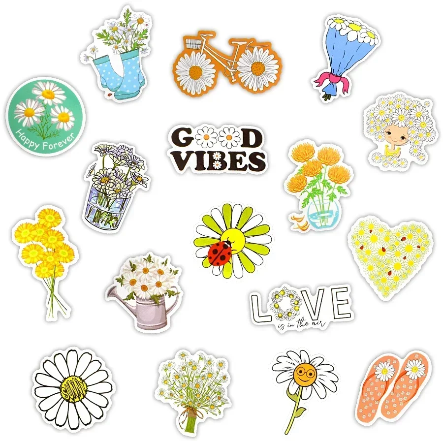 50 PCS Daisy Stickers Cute Flower Anime Stickers for Laptop Skateboard Guitar Luggage Bicycle Motor Car Decal Waterproof Sticker