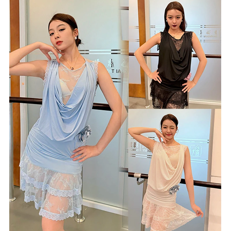 

Latin Dance Clothes Women Sleeveless Sexy Lace Practice Dress Black White Blue Dress Rumba Samba Dance Performance Wear DNV24064