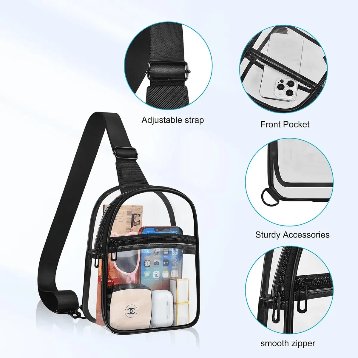 حقيبة صدر شفافة من مادة PVC - حقيبة كتف شفافة للعودة إلى المدرسة والرياضة والحفلات الموسيقية والسفر