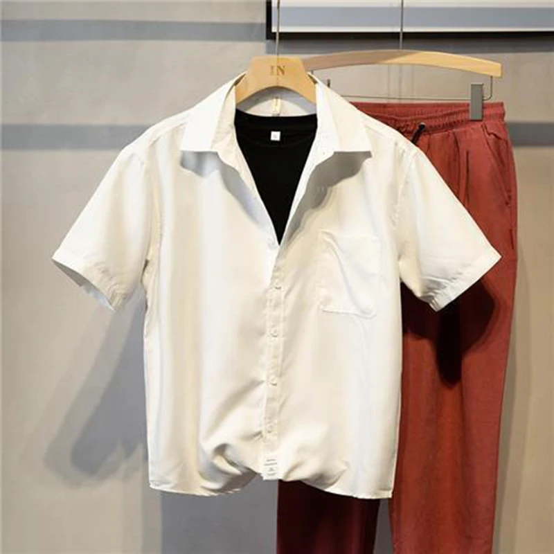 Korean Style Summer Solid Turn-down Collar Short Sleeve Men Shirts Korean Fashion Casual Oversized Clothing White Green Thin Top