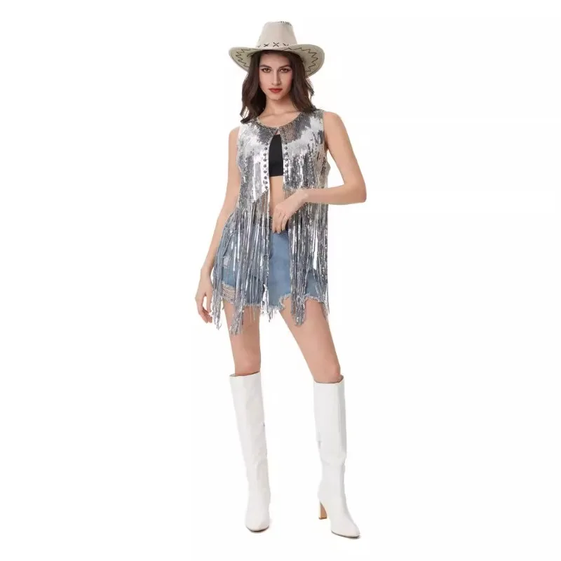 Sequin Fringe Jacket Vest Women's Carnival Sparkle Cardigan Halloween Glitter Shrug with Tassels Dance Performance Outfit