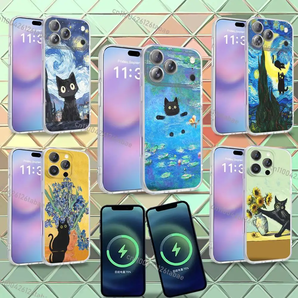 

Funny cartoon Van Gogh Monet's Black Cat Phone Case For iPhone 16,14,11,17,13,15,12,Air,Plus,Pro,Max,E,Mini Frosted for Magnetic
