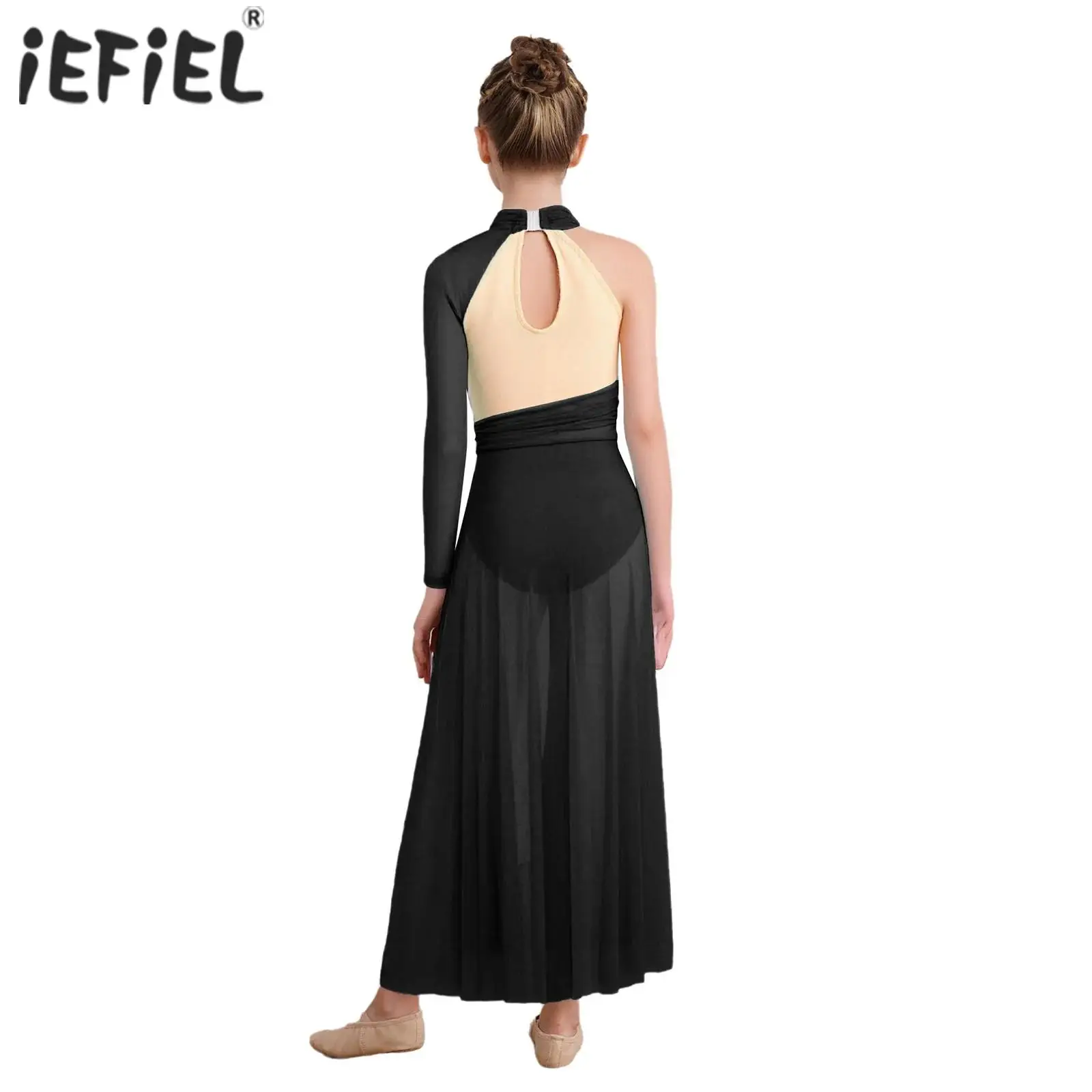 

Kids Girls Gymnastics Ballet Leotards Ruched Mesh Dress Side Split Irregular Hem Lyrical Dance Dresses Performance Costume