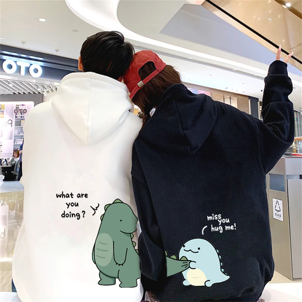 Sudadera con capucha de algodón puro para hombre y mujer, suéter de manga larga con estampado de dinosaurio, ropa de pareja, 600g, primavera y otoño