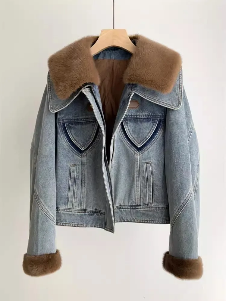Hiver femmes col de fourrure de vison mode Denim doudoune chaud à manches longues concepteur Streetwear vêtements d'extérieur décontractés femme manteau court