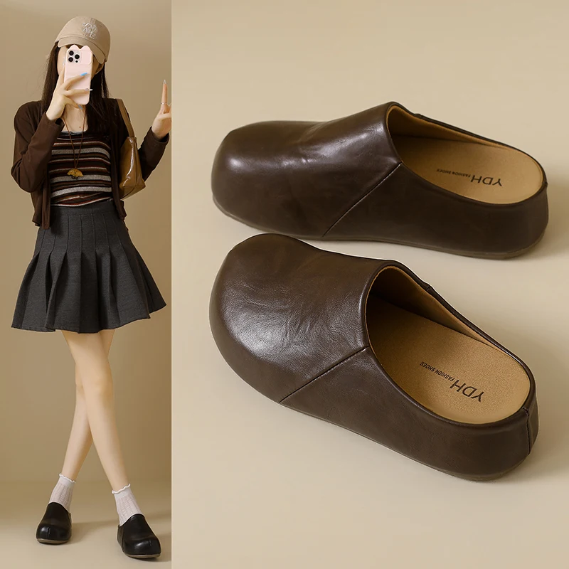 2026 New Retro ClosedToe ThickSole Mule Slippers, Lightweight AntiSlip SlipOn Lazy Casual Leather Slippers